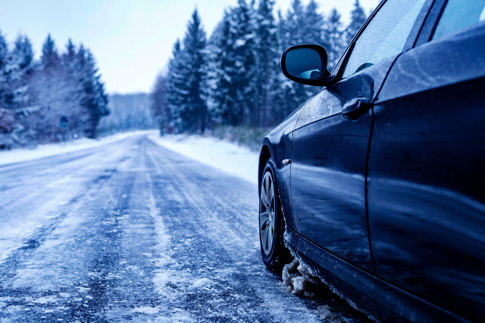 Coche cubierto de escarcha en invierno aparcado al aire libre